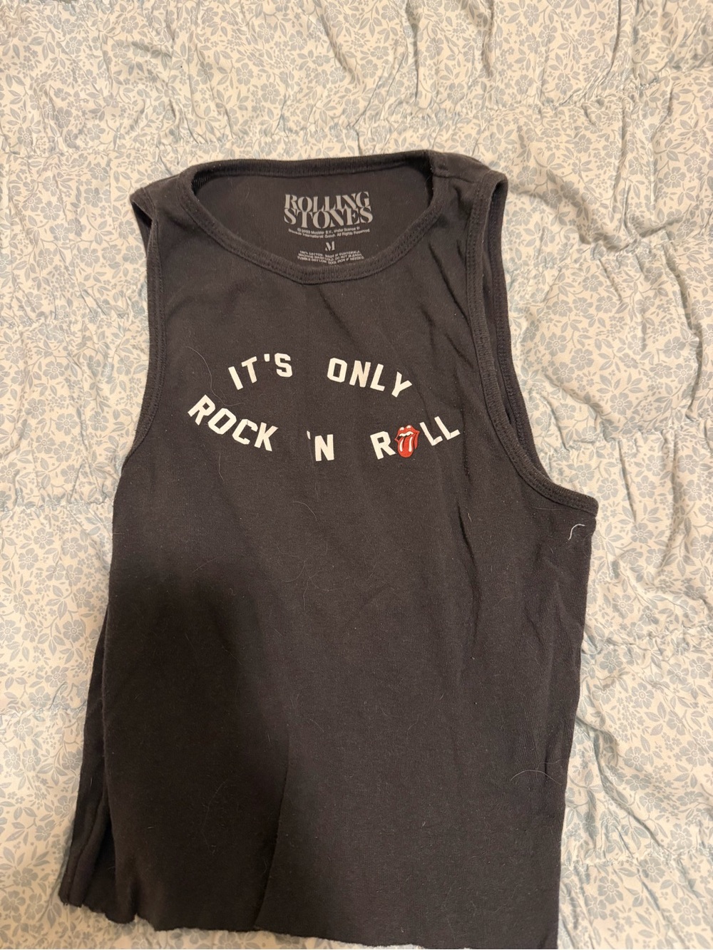 the Rolling Stones Black Tank Top with White Text and Red Tongue Logo